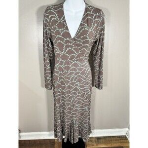 Boden 3/4 Sleeve Jersey Faux Wrap Midi Dress Tencel Womens Sz 8 R Blue Brown